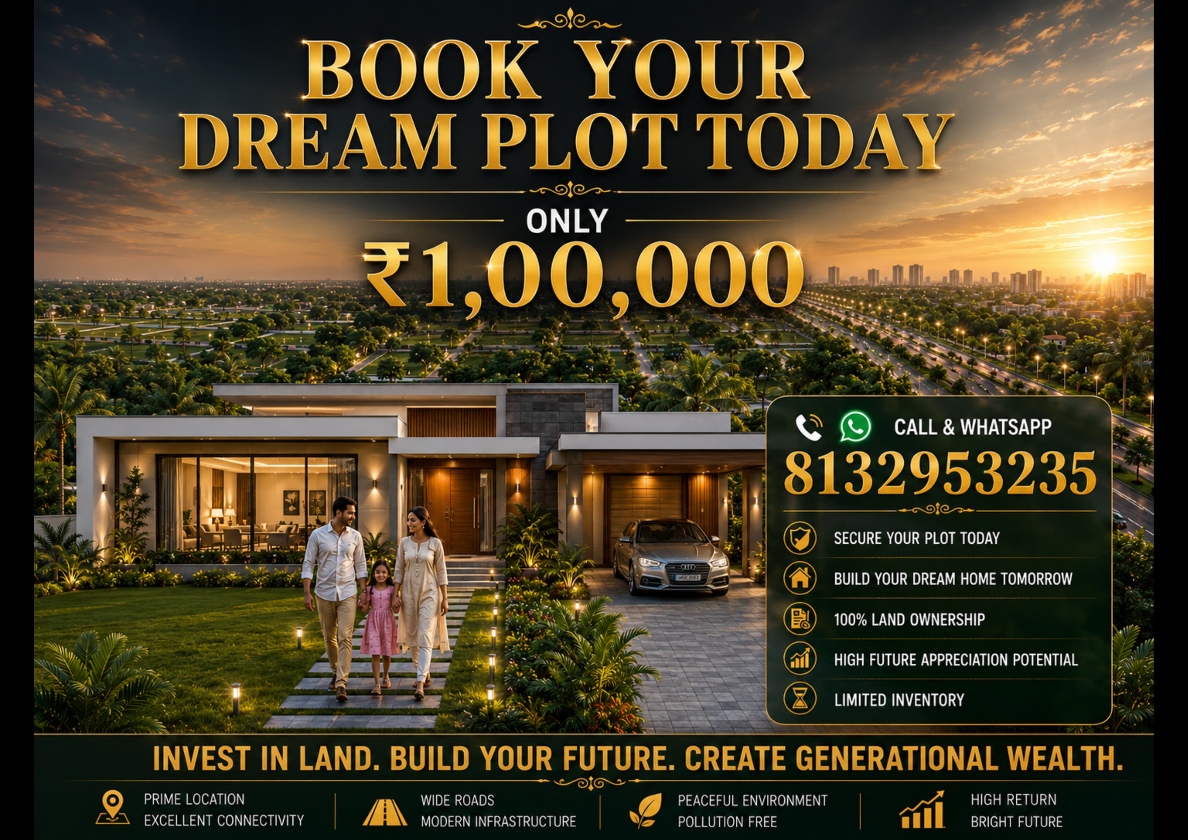 Book Your Dream Plot Today — Only ₹1,00,000. Call & WhatsApp: 8132953235.