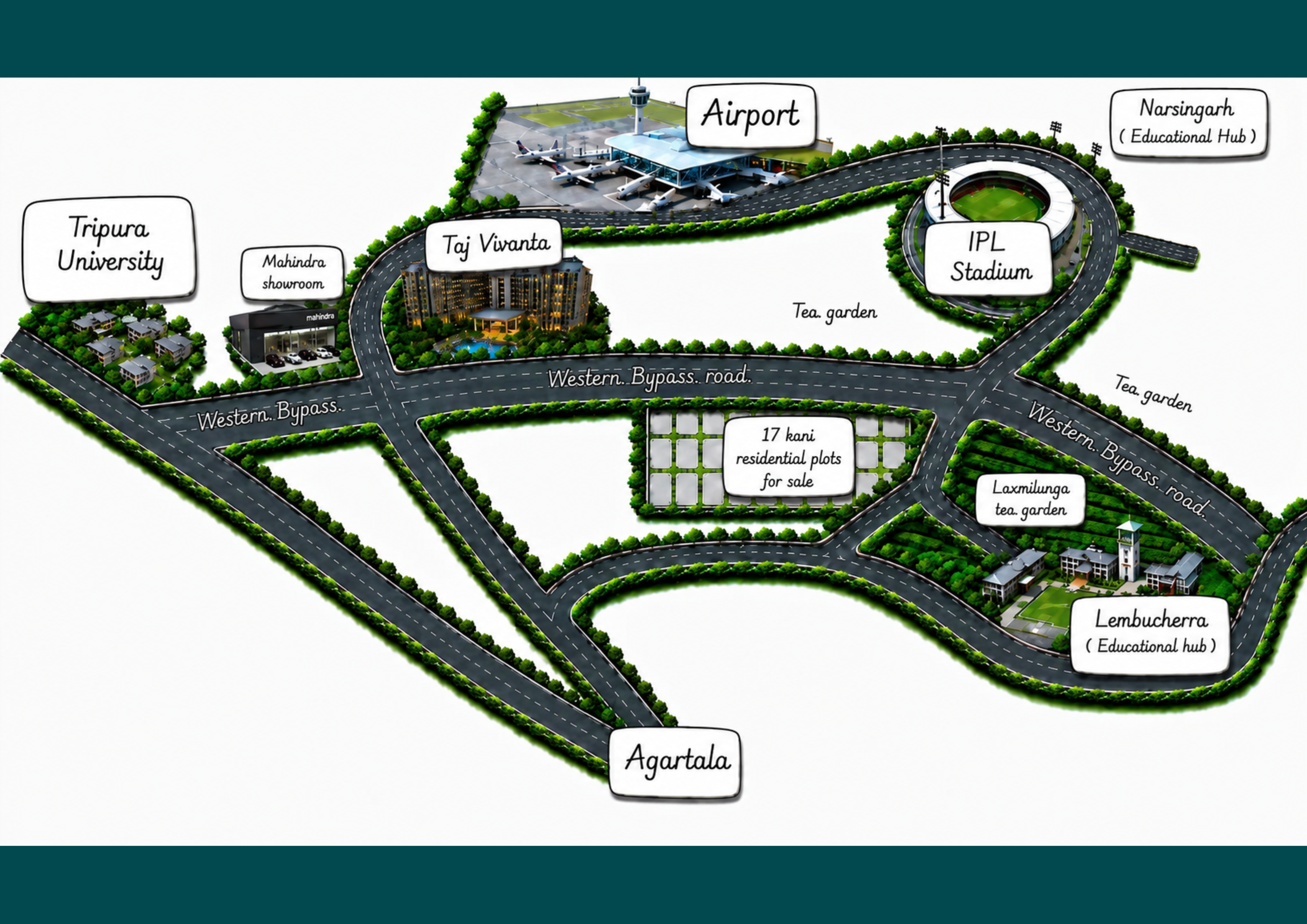 17 Kani Residential Township Location — Agartala, Tripura showing Airport, Taj Vivanta, IPL Stadium, Tripura University, Lembucherra Education Hub, Western Bypass Road